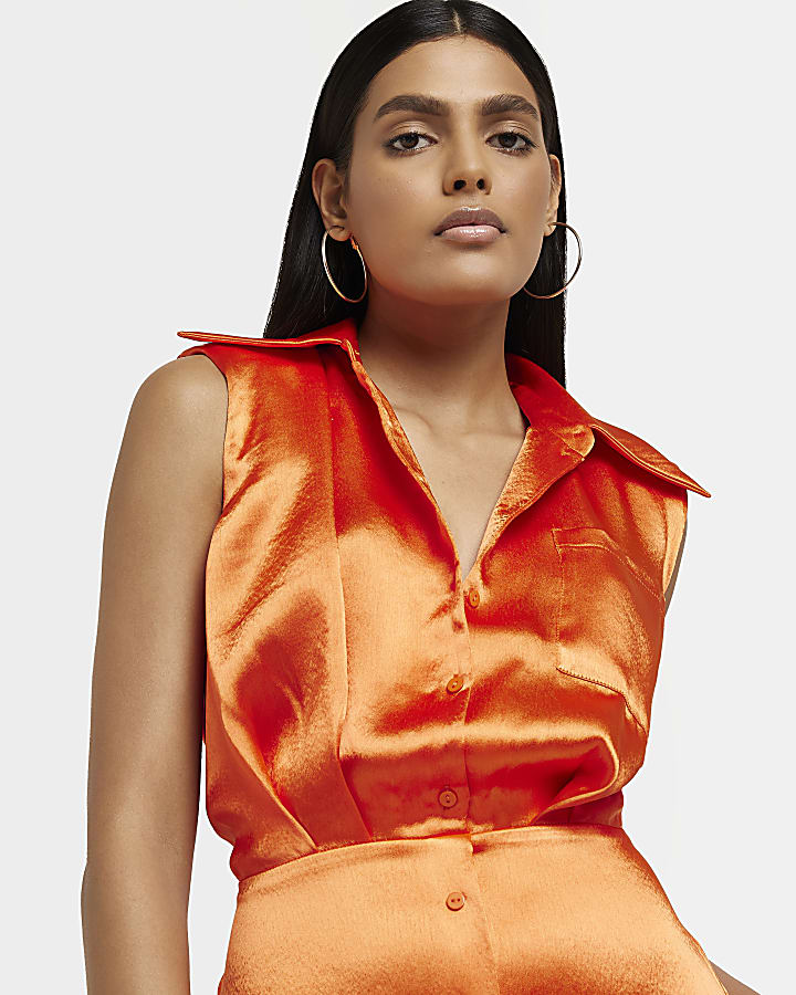 Orange satin mini sleeveless shirt dress