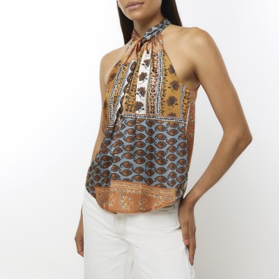 Orange satin scarf print halter neck top