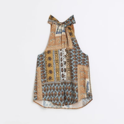 Orange satin scarf print halter neck top