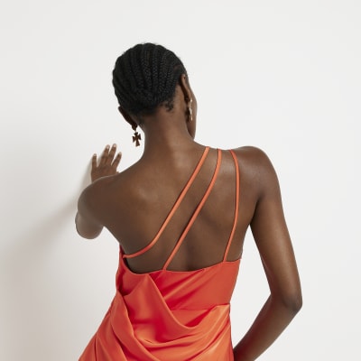 Orange satin wrap midi dress