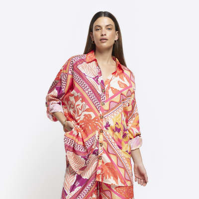 Orange scarf print oversized beach shirt
