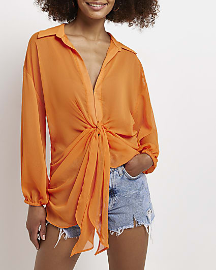 Orange sheer knot front shirt