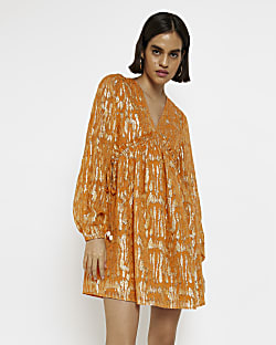 Orange shimmer smock mini dress