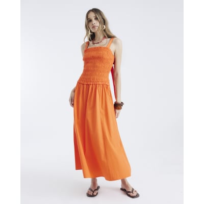 Orange Shirred Midi Dress