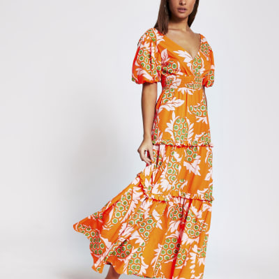 orange midi dress with sleeves