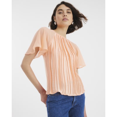 Orange Short Sleeve Pleated Hybrid T-shirt River Island