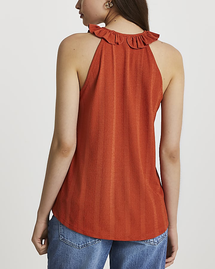 Orange sleeveless frill neck tank top