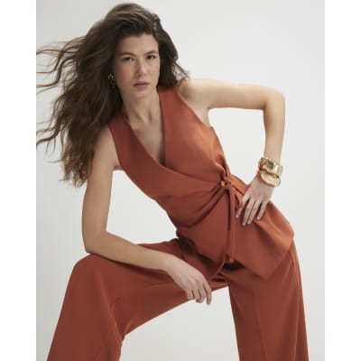 Orange Sleeveless Tie Front Top