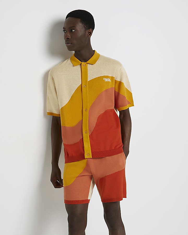 Orange slim fit print knit polo shirt