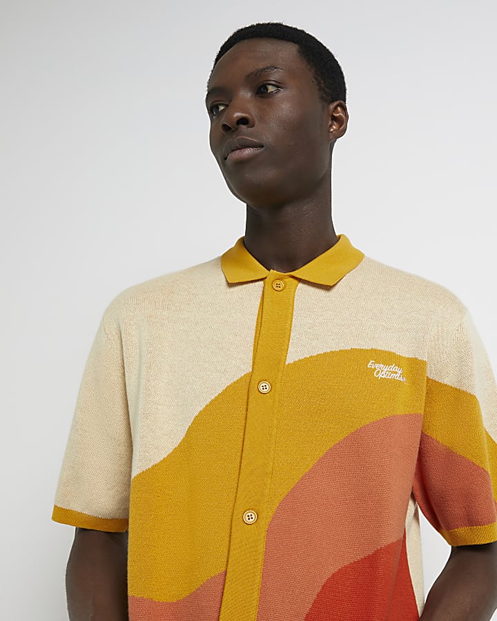 Orange slim fit print knit polo shirt