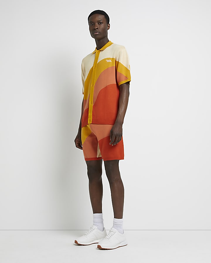Orange slim fit print knit Shorts