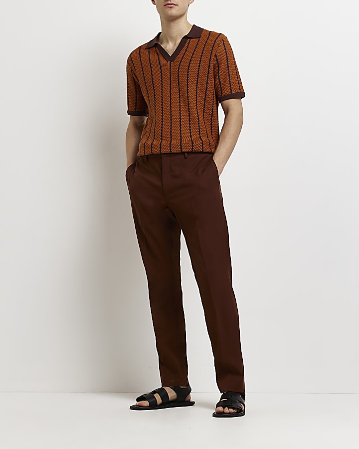 Orange slim fit stripe knit polo shirt