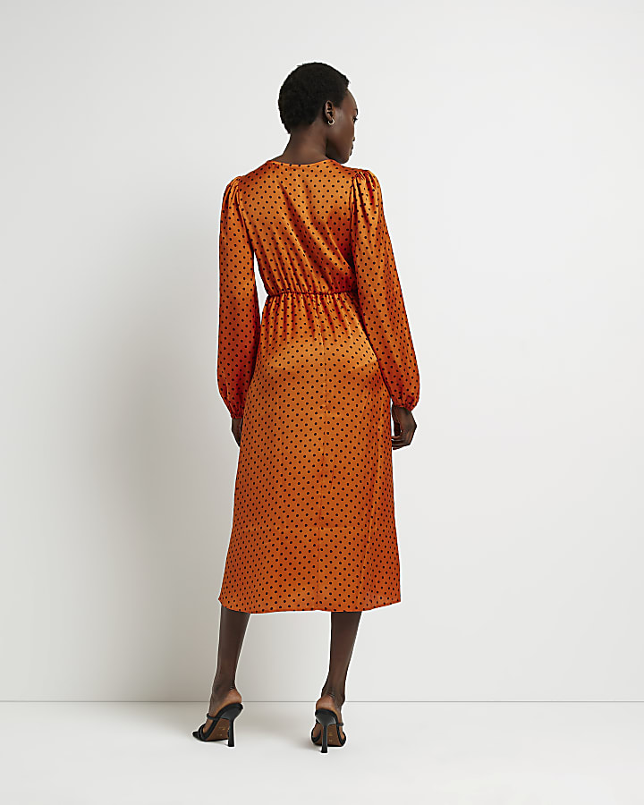 Orange spot cut out midi dress
