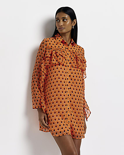 Orange spot frill mini shirt dress