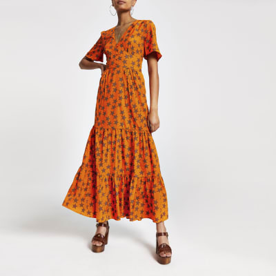 Orange star print button front maxi dress | River Island