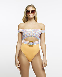 Orange stripe elastic bardot swimsuit