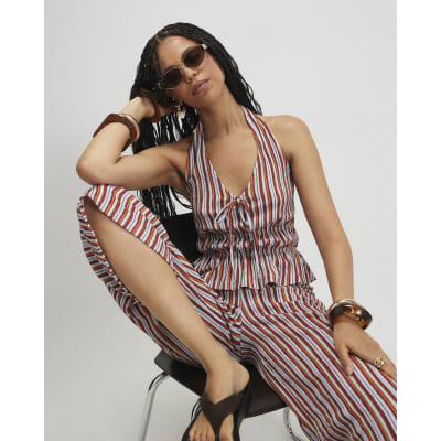 Stripe Textured Halter Neck Top