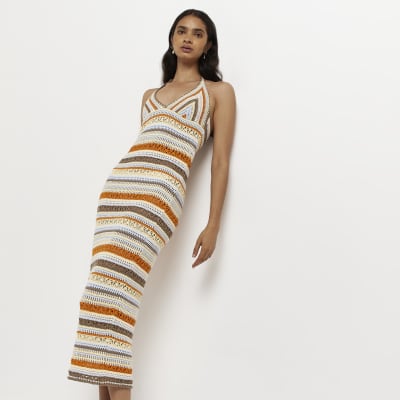 Orange striped crochet midi dress River Island