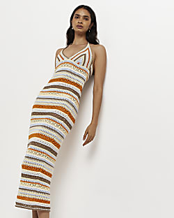 Orange striped crochet midi dress