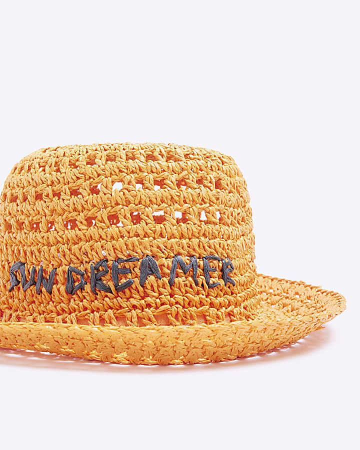 Orange sun dreamer straw crochet bucket hat