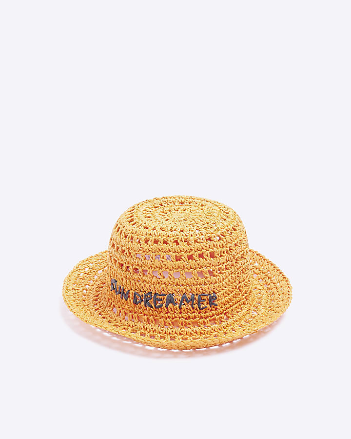 Orange sun dreamer straw crochet bucket hat
