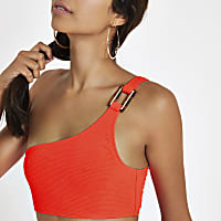 Orange textured one shoulder bikini top