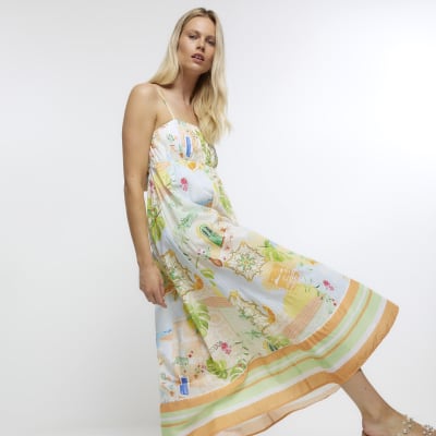 Orange Tropical print cami maxi dress
