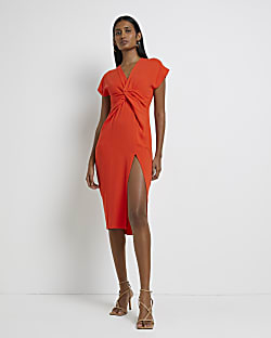 Orange twist front bodycon midi dress