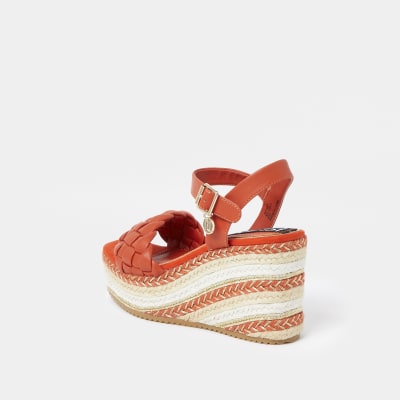 Orange weave faux leather wedge heels