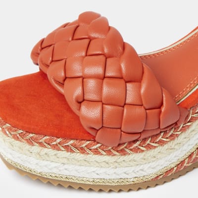 Orange weave faux leather wedge heels