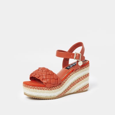 Orange weave faux leather wedge heels