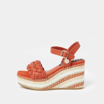 Orange weave faux leather wedge heels
