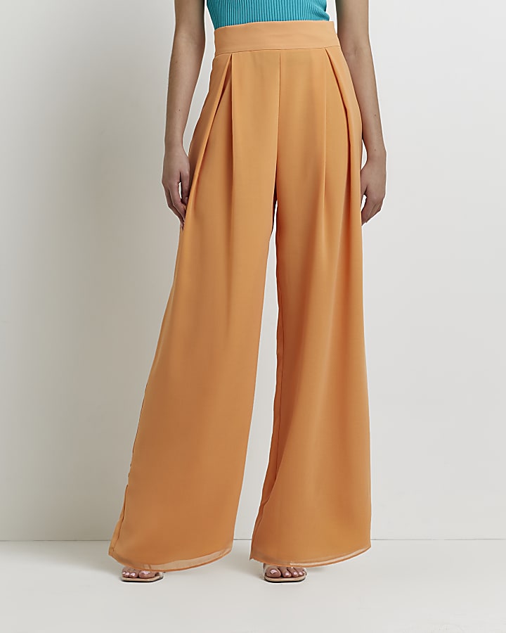 Orange wide leg pleated trousers