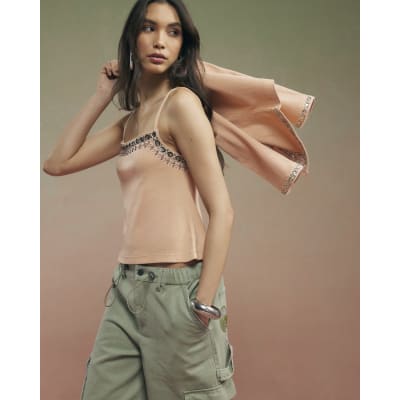 Orange Year Zero Embellished Ribbed Cami Top