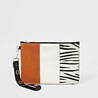 Orange zebra print leather pouch clutch bag
