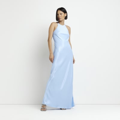 Pale blue satin halter neck maxi dress River Island