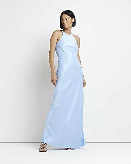 Pale blue satin halter neck maxi dress