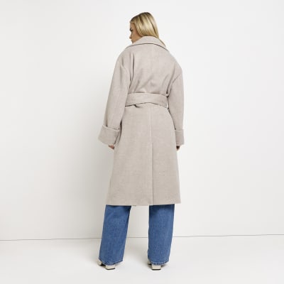 Petite beige belted longline coat River Island