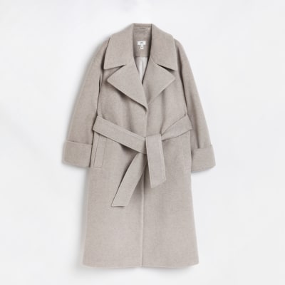 Petite beige belted longline coat | River Island