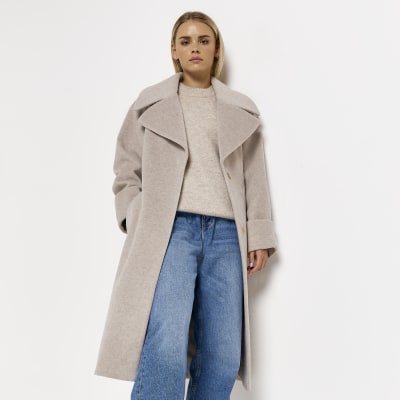 Petite beige belted longline coat | River Island