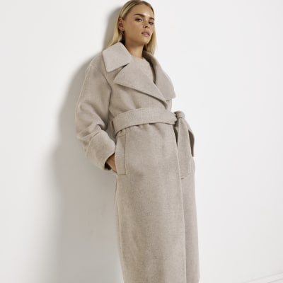 Petite beige belted longline coat River Island