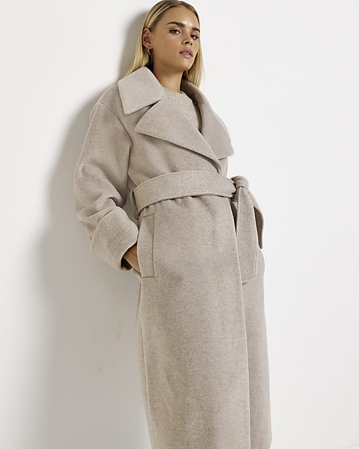 Petite beige belted longline coat