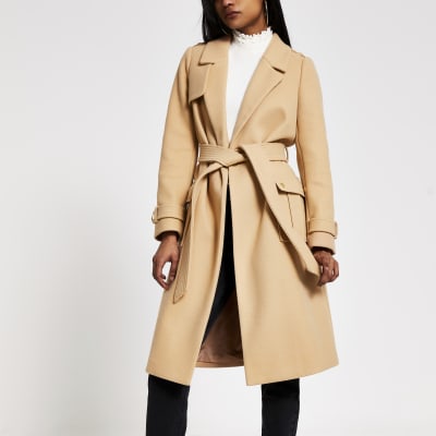 Petite beige belted utility trench coat | River Island