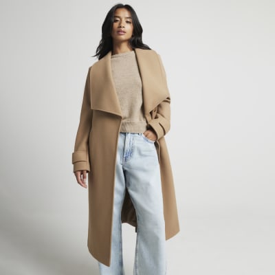 Petite beige belted wrap coat