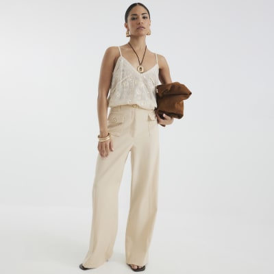 Petite Beige Button Front Straight Trousers