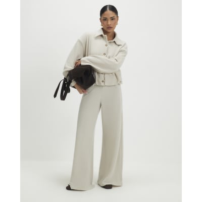 Petite Beige Cosy Wide Leg Ribbed Trousers