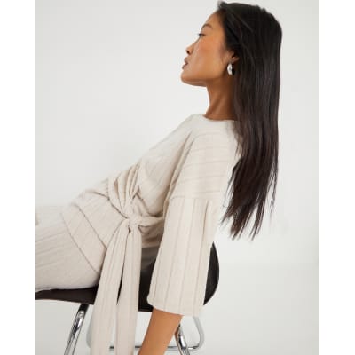 Petite Beige Cosy Wide Ribbed Knot Side Top