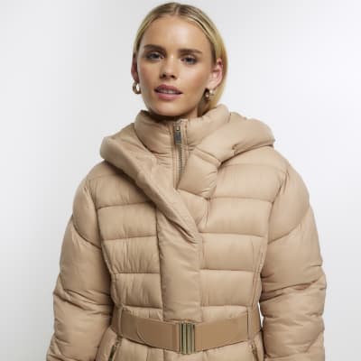 Petite beige faux fur puffer longline coat | River Island