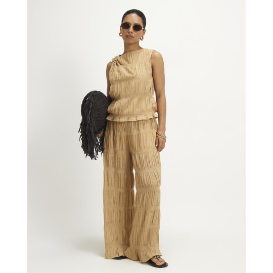 River Island Petite Beige Glitter Wide Leg Trousers