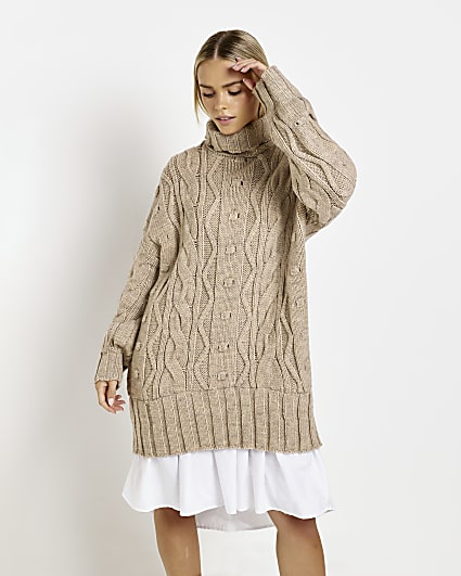 Petite beige knit mini jumper shirt dress